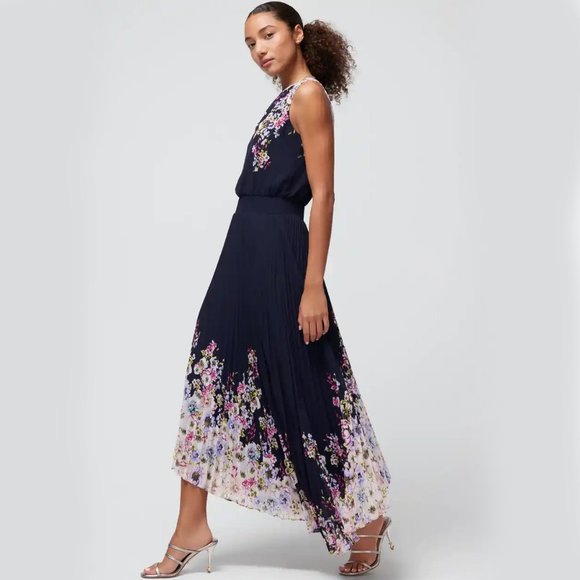 WHBM $190 Sleeveless Smocked V-Neck Pleated Midi Dress Flowy Romantic 12 - Picture 2 of 10